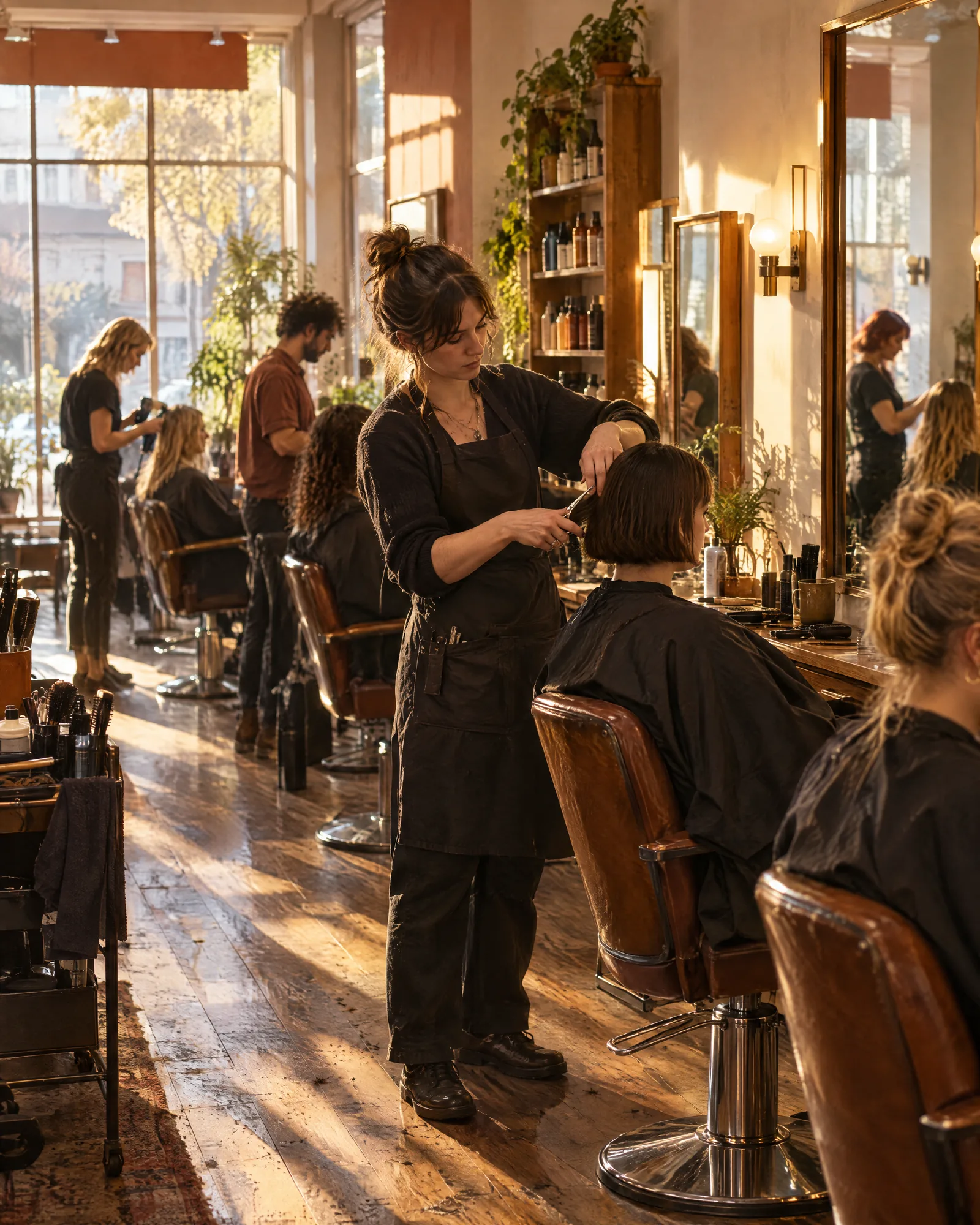 A busy salon floor in warm afternoon light