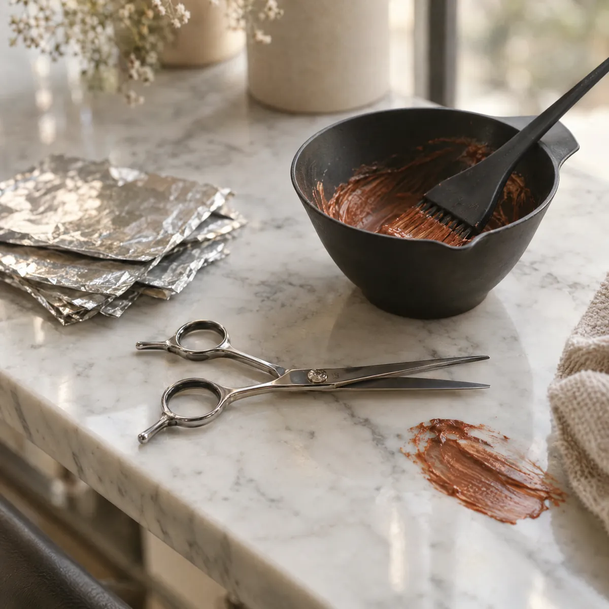 Salon tools on a marble station