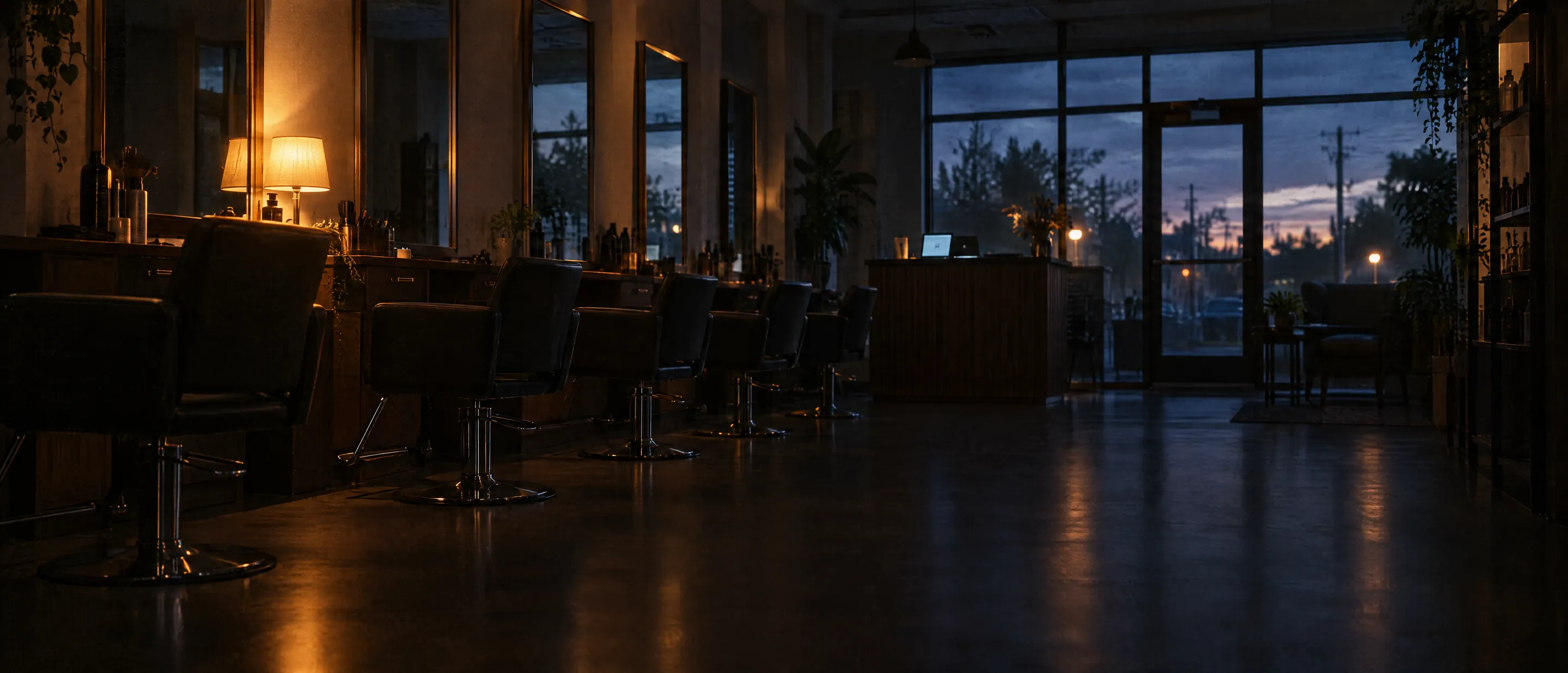 An empty salon after closing time, one lamp still on