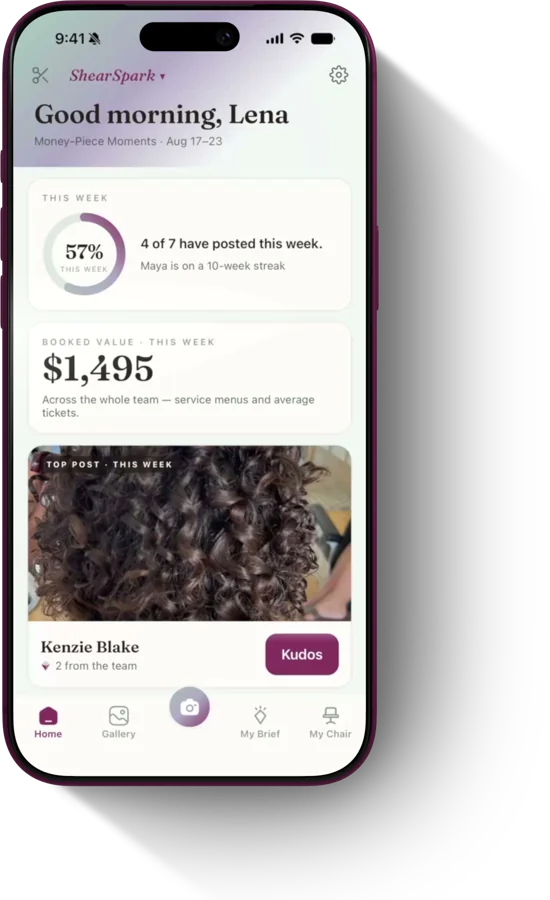 The Embrly app home screen: weekly team posting progress, booked value, and the top post of the week