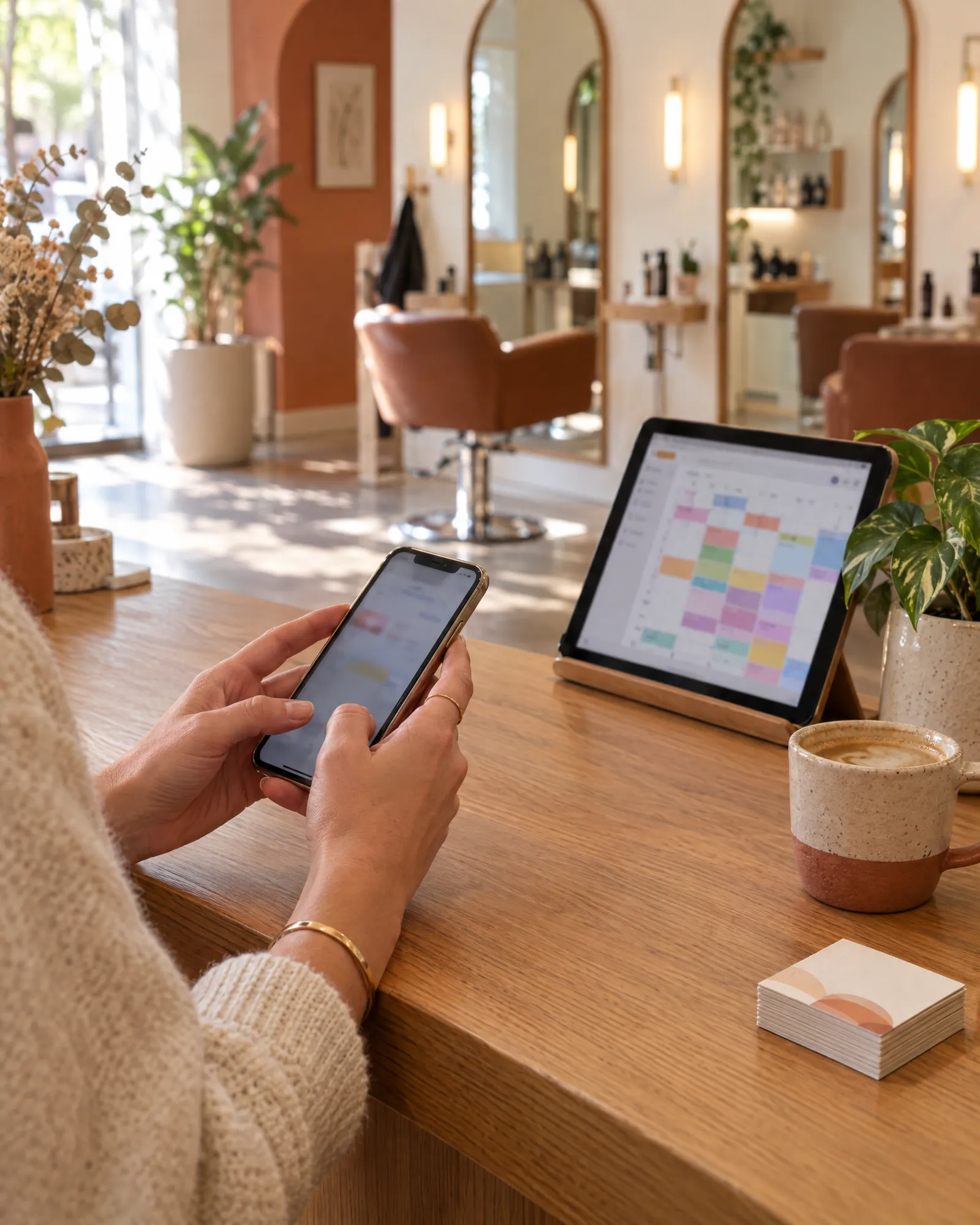 A salon owner at the front desk with a phone and a booking calendar on a tablet