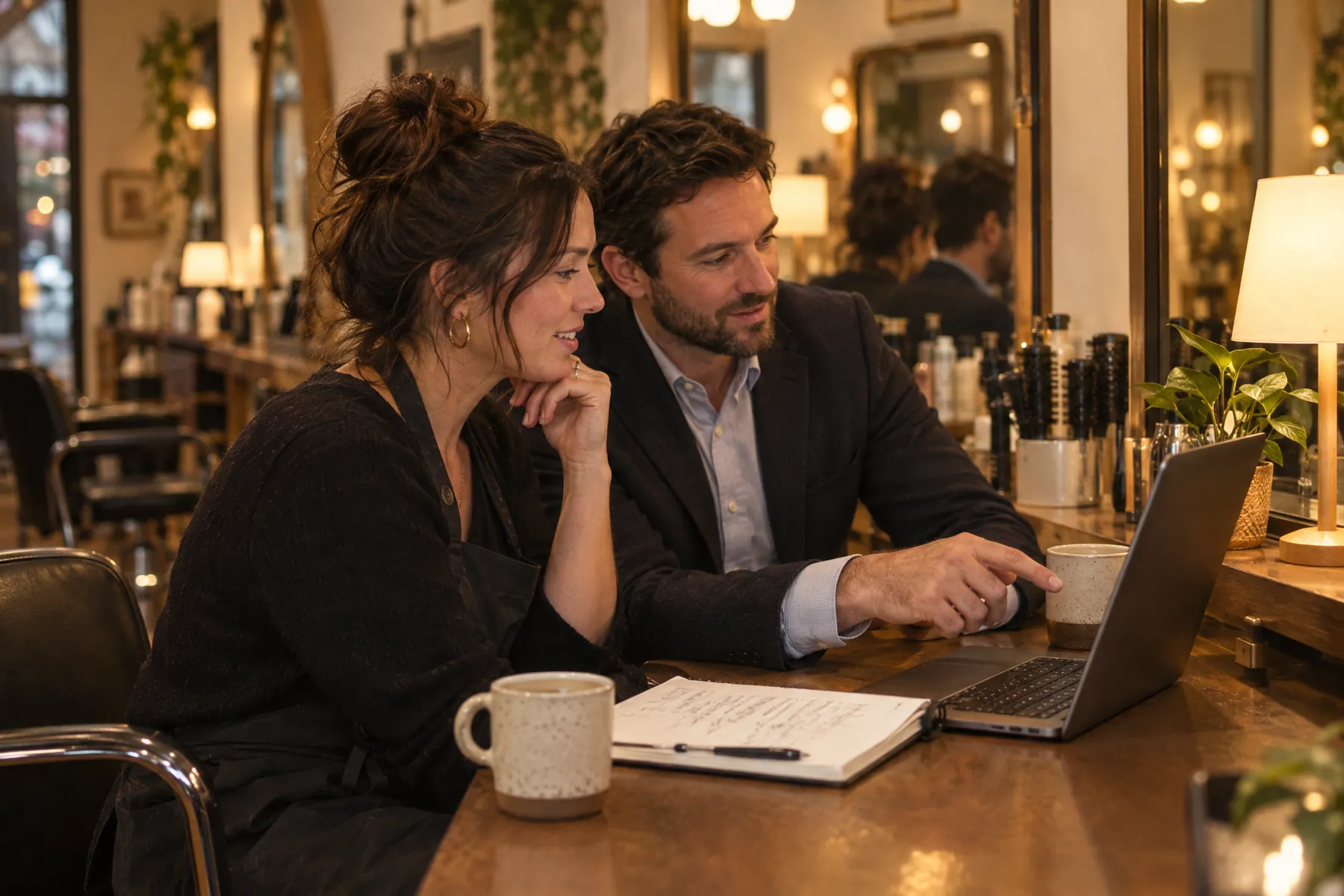 A salon owner and a financial advisor reviewing numbers together on a laptop after closing