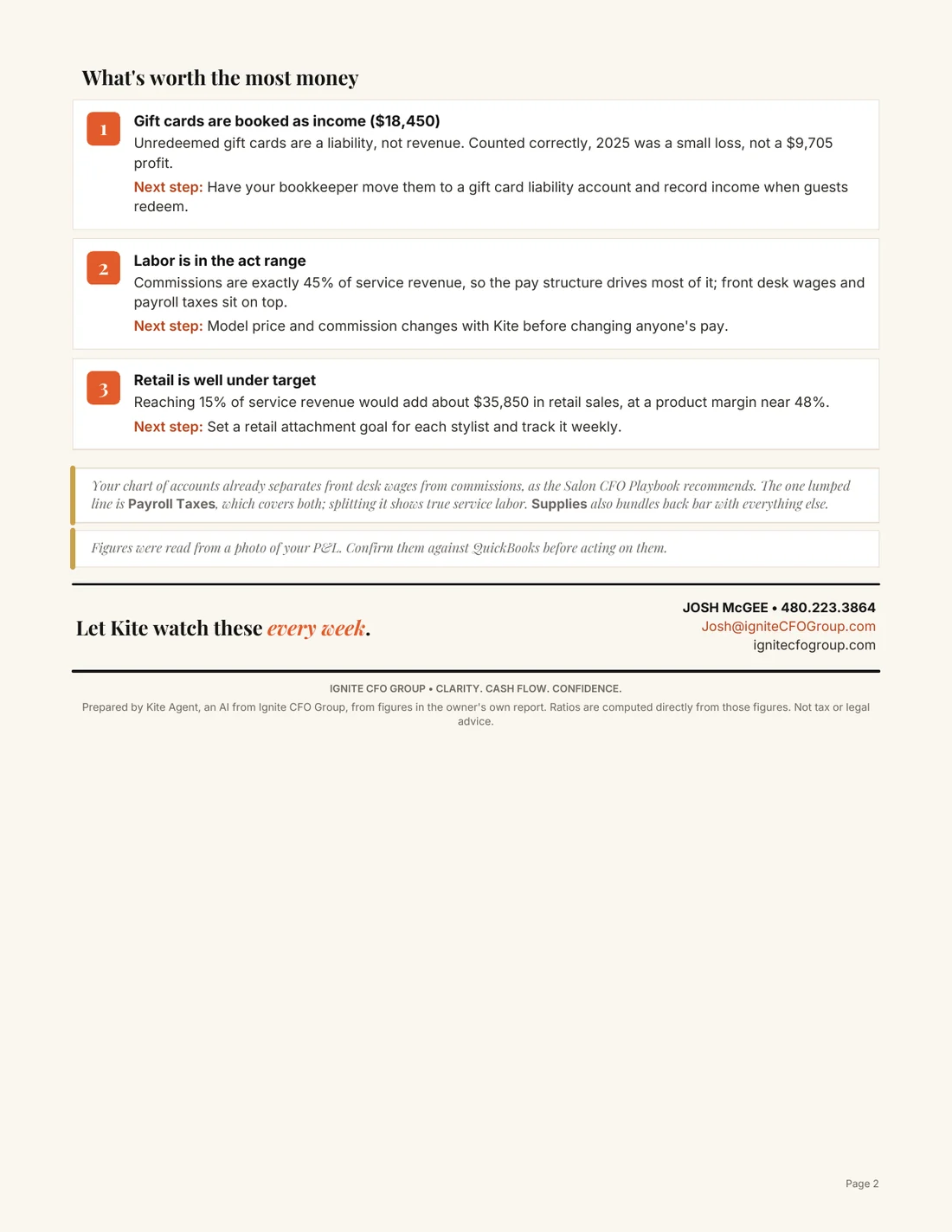 Sample Kite Agent health check, page two: three numbered findings with next steps